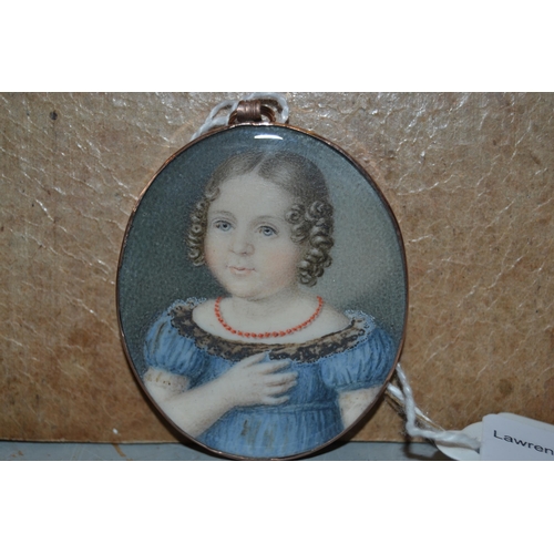 1448 - G. Dillono, early 19th Century miniature portrait on ivory of a young girl, wearing a coral necklace... 