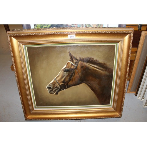 1451 - Frank L. Geere, oil on canvas, head study of a horse in bridle, signed and gilt framed, 15.5ins x 19... 