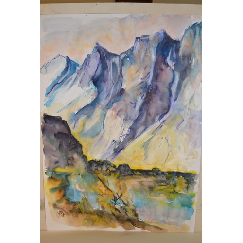 1453 - Alois Cochl, watercolour, the Trolltinden Alps, signed and dated 2004, 27.5ins x 19.5ins, unframed