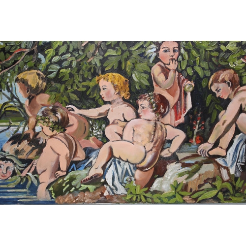 1454 - Otto Weber, oil on canvas, children bathing, signed, 15.5ins x 31ins, unframed