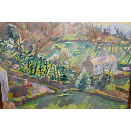 1455 - Mary Martin, oil on board, summer cottage and garden scene, signed, 12ins x 17ins approximately, in ... 