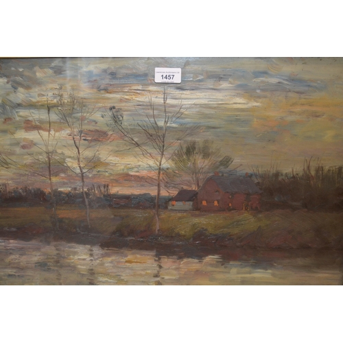 1457 - Julian Rix, oil on board, river scene at twilight, 17ins x 23.5ins, original gilt frame