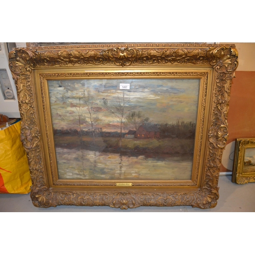 1457 - Julian Rix, oil on board, river scene at twilight, 17ins x 23.5ins, original gilt frame