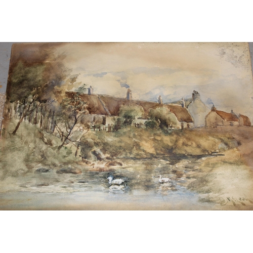 1460 - D. McLood, watercolour, river scene with cottages, 8.5ins x 12ins, gilt framed together with an unfr... 