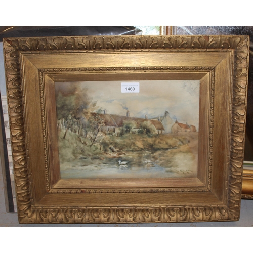 1460 - D. McLood, watercolour, river scene with cottages, 8.5ins x 12ins, gilt framed together with an unfr... 