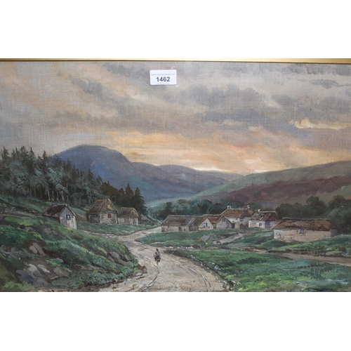 1462 - Mixed media on textured board, sunset landscape with cottages, inscribed ' Castleton Braemar, August... 