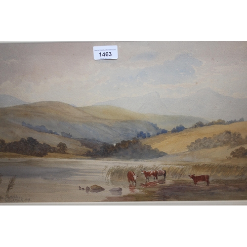 1463 - S. Angell Roberts, watercolour, view of LLangorse, South Wales, river landscape with cattle before m... 