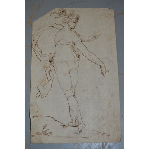 1473 - Small unframed 18th Century ink drawing of a Classical female, 8ins x 5ins approximately, together w... 