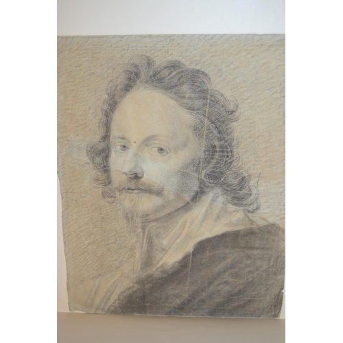 1474 - After Van Dyke, antique pencil drawing on textured paper, head and shoulder portrait of Charles I, 1... 