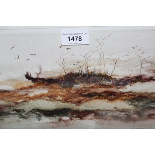 1478 - Joanne Miller Rafferty, mixed media, birds in flight in misty landscape, signed, 6.25ins x 14ins app... 