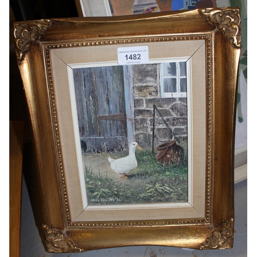 1482 - Nigel Hallard, oil on board, a duck before a barn door, signed 7.5ins x 5.5ins, gilt framed, togethe... 