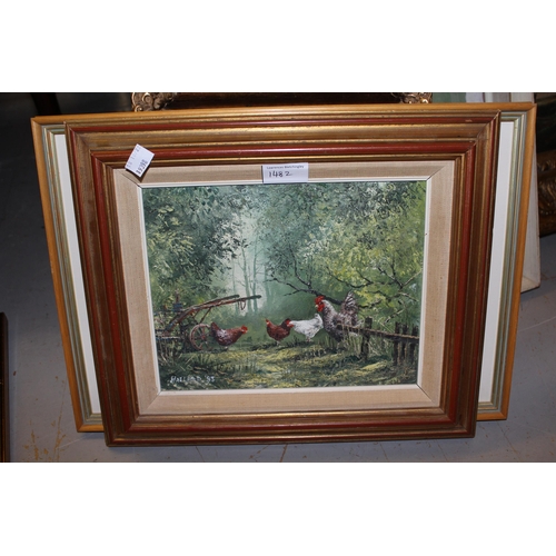 1482 - Nigel Hallard, oil on board, a duck before a barn door, signed 7.5ins x 5.5ins, gilt framed, togethe... 