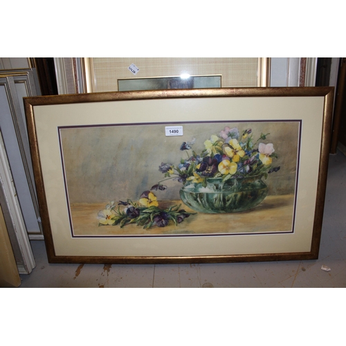 1490 - Early / mid 20th Century watercolour, still life of pansies in a green bowl, together with a waterco... 