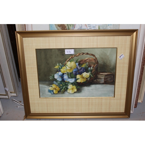 1490 - Early / mid 20th Century watercolour, still life of pansies in a green bowl, together with a waterco... 