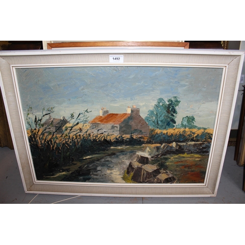 1492 - Gwyn Brown, oil on board, Llanerchymedd Farm, Anglesey, signed, bearing inscription verso (from Tegf... 