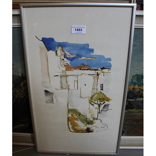 1493 - Curt Wittenbecher, watercolour of buildings on a Greek island, dated January 1965 verso, bearing art... 