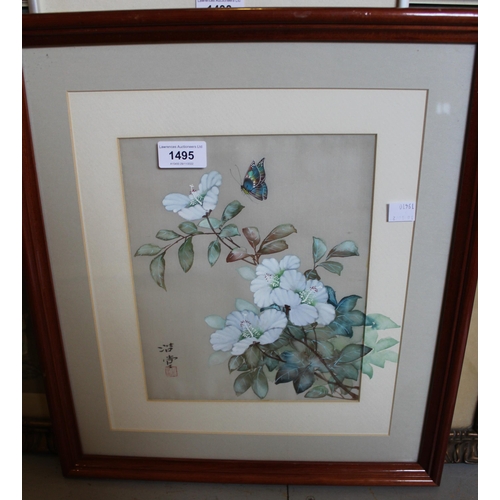 1495 - Modern Chinese watercolour on silk of blossom with a butterfly, bearing character mark, 10ins x 8ins