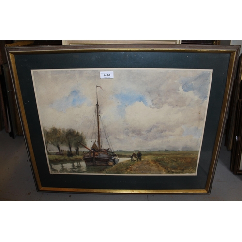 1496 - Robert Weir Allan watercolour, Dutch canal scene with moored boat, signed, gilt framed, 14ins x 20in... 