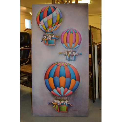 1497 - Roybal, 20th Century oil on canvas, musicians in three hot air balloons, signed 48ins x 24ins, unfra... 