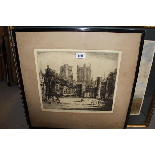 1499 - Pair of Artist signed etchings, views of Ely and Lincoln cathedrals, 11ins x 14ins, framed