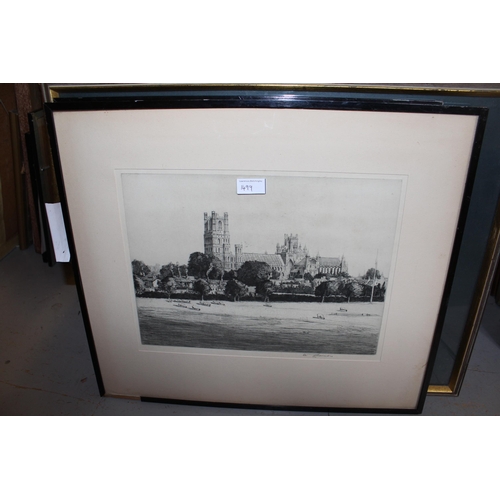 1499 - Pair of Artist signed etchings, views of Ely and Lincoln cathedrals, 11ins x 14ins, framed