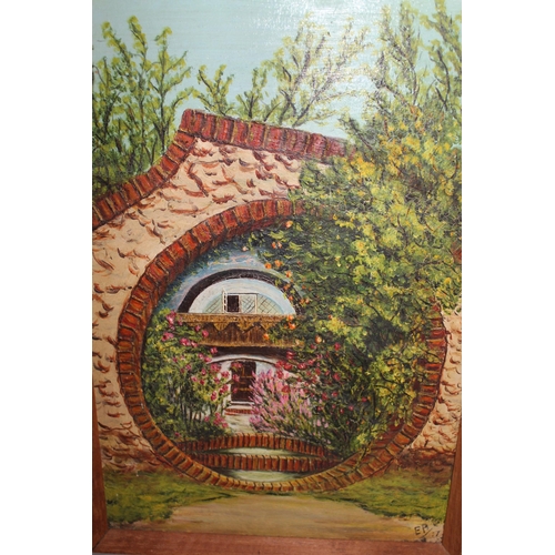 1503 - 20th Century oil on board, garden scene looking through a circular brick gateway, monogrammed E.P, w... 