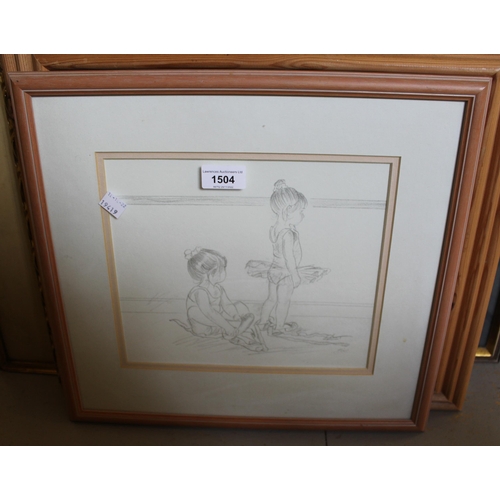 1504 - Late 20th Century pencil sketch of two young ballet dancers, indistinctly signed, 8ins x 9.5ins and ... 