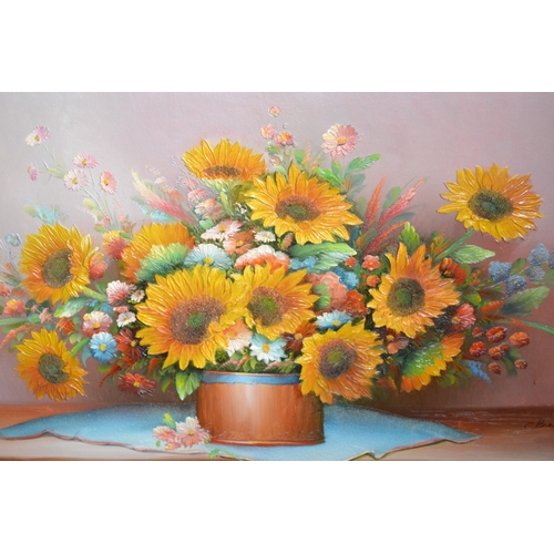 1509 - Large late 20th Century acrylic on canvas, vase of flowers ,including sunflowers, indistinctly signe... 