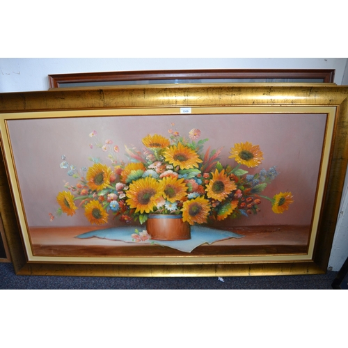 1509 - Large late 20th Century acrylic on canvas, vase of flowers ,including sunflowers, indistinctly signe... 