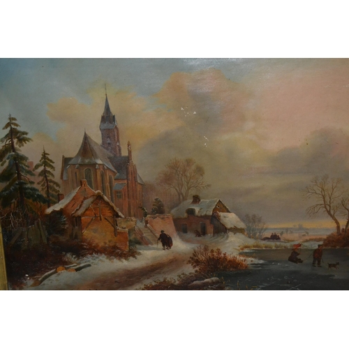 1510 - 19th Century Dutch school, oil on canvas, winter scene with figures on a frozen pond, a church and o... 