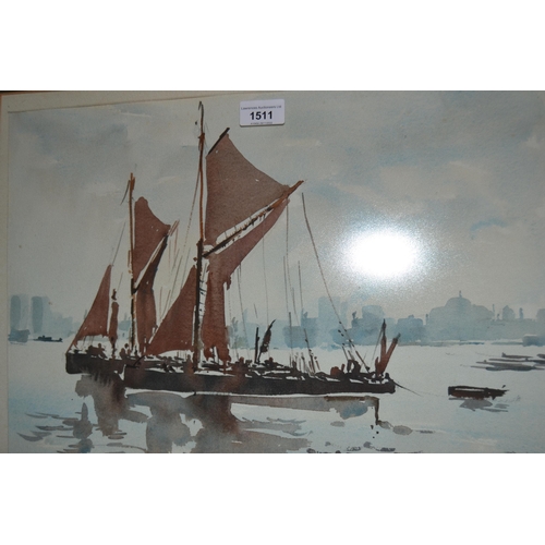 1511 - R.H Davies (Wapping Group) watercolour study of Thames barges, 12.5ins x 19ins approximately, gilt f... 