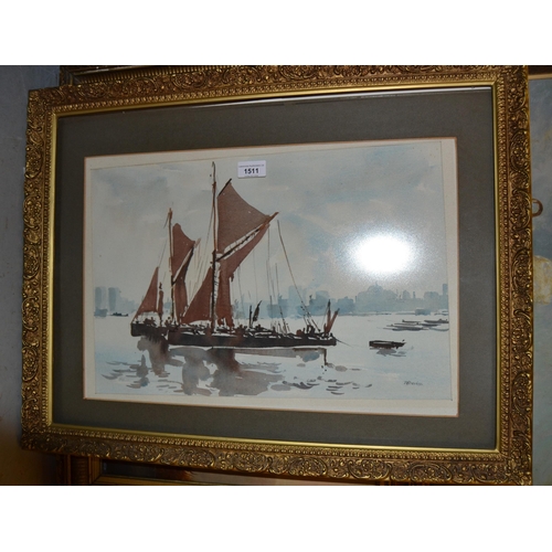 1511 - R.H Davies (Wapping Group) watercolour study of Thames barges, 12.5ins x 19ins approximately, gilt f... 