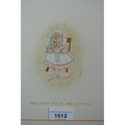 1512 - Pair of small framed watercolours ' Mrs Mouse sat at her Knitting ', and ' The Daily News ', signed ... 