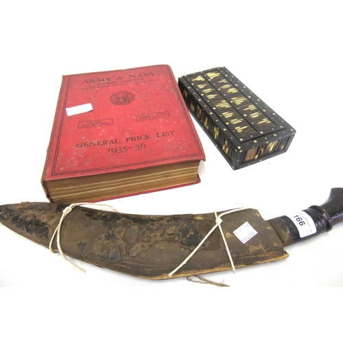 166 - Mid 20th Century kukri in wooden leather covered scabbard (at fault), porcupine quill box, Army and ... 