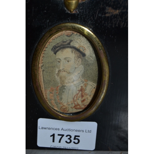 1735 - Miniature oval pencil and watercolour portrait, possibly of Robert Dudley, in an ebonised frame