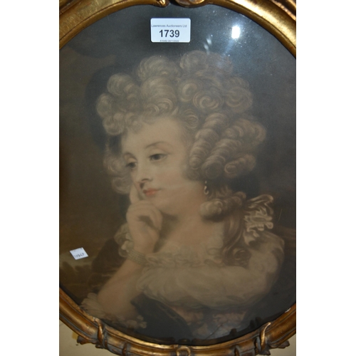 1739 - Good quality oval gilded composition frame housing a print of a lady, together with another similar ... 