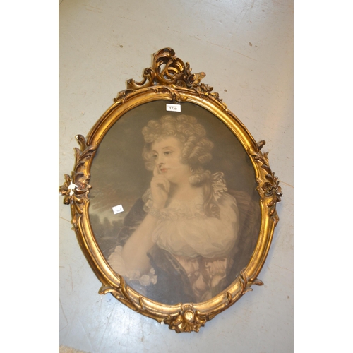 1739 - Good quality oval gilded composition frame housing a print of a lady, together with another similar ... 