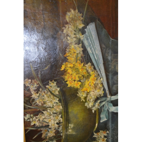 1743 - Late 19th / early 20th Century English school, oil on canvas, still life with daffodils, two handled... 