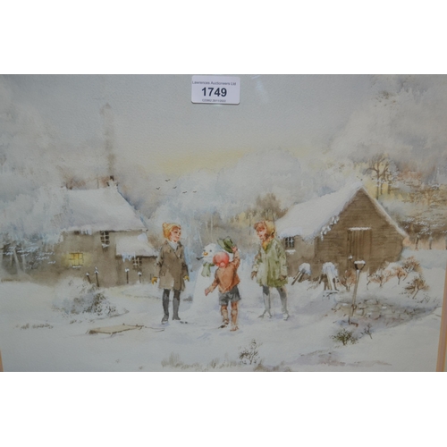 1749 - Douglas E. West, watercolour winter scene, with children building a snowman, signed, 11.5ins x 15ins... 