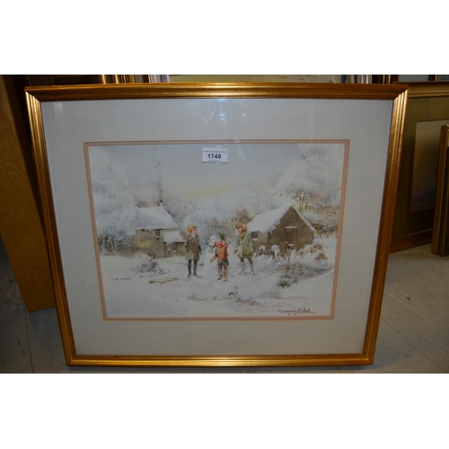 1749 - Douglas E. West, watercolour winter scene, with children building a snowman, signed, 11.5ins x 15ins... 