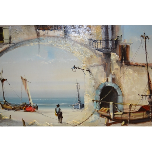 1750 - 20th Century oil on canvas, Continental harbour scene with figure below an archway, signed Agrulay, ... 