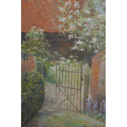 1754 - Angela Burfott, oil on board, a garden gate, signed and dated 1983, 9.5ins x 7.5ins, gilt framed