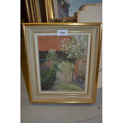 1754 - Angela Burfott, oil on board, a garden gate, signed and dated 1983, 9.5ins x 7.5ins, gilt framed