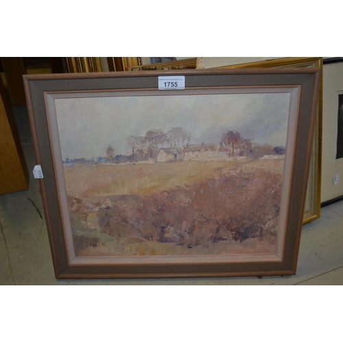 1755 - Roy Hewish, oil on board, farm buildings at Duntistbourne Abbots, signed, 11ins x 14ins, framed