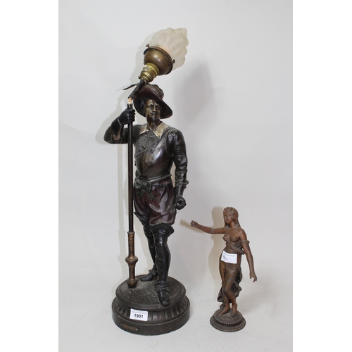 1901 - Patinated metal figural table lamp and a similar smaller figure of a classical maiden