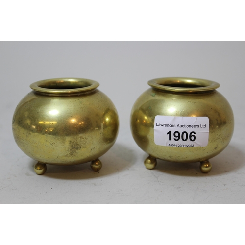 1906 - Pair of miniature Chinese bronze cauldron form jardinieres on ball supports, indistinct mark to base... 