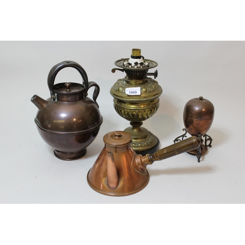 1909 - Edwardian brass oil lamp base adapted for use with electricity, an antique copper kettle and two oth... 