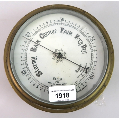 1918 - Ships brass cased circular aneroid barometer, 7ins diameter