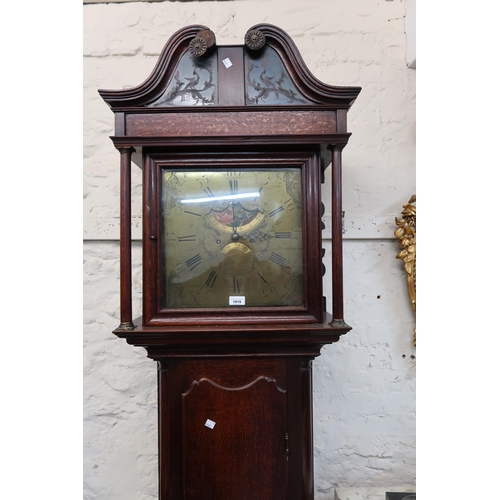 1919 - George III oak longcase clock, the square hood with swan neck pediment above a shaped door, the 14.2... 