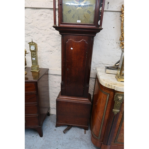 1919 - George III oak longcase clock, the square hood with swan neck pediment above a shaped door, the 14.2... 